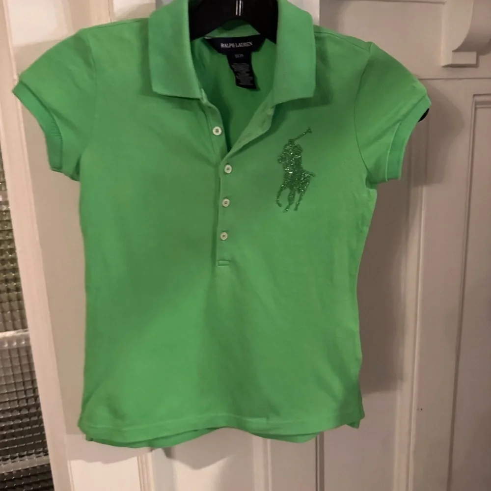 Ralph Lauren Girls Glitter Big Polo Shirt Green Short Sleeves Size Small (7)